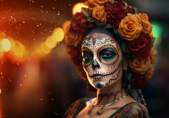 close-up young woman with make-up at the festival Day of the Dead - Dia de los Muertos, a holiday dedicated to the memory of the dead.against the backdrop of illumination.  - obrazy, fototapety, plakaty