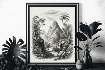 A classic jungle scene with towering mountains, verdant valleys, and dramatic skies depicted in a vintage monochrome sketch. Generative AI