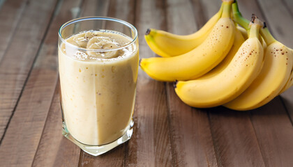 banana smoothies glass on wood table
