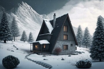 Mountain house covered in snow. Generative AI