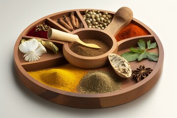 Assorted spices on a wooden platter. Generative AI