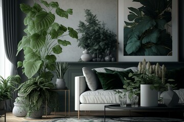 A contemporary living room with green plants and foliage decor. Generative AI