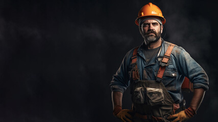 Portrait of a worker in work clothes and a helmet. It stands against a dark background. background with space for text