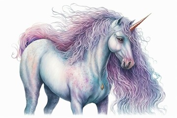 Obraz na płótnie Canvas Watercolor artwork of unicorn with violet curly hair, isolated on white. Fairy tale creature. Generative AI