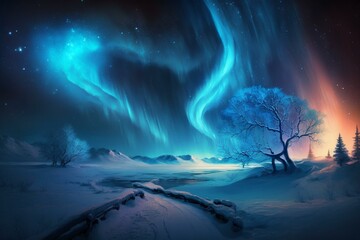 Winter landscape with beautiful blue aurora borealis lights dancing in the sky. Ample copy-space. Generative AI - obrazy, fototapety, plakaty