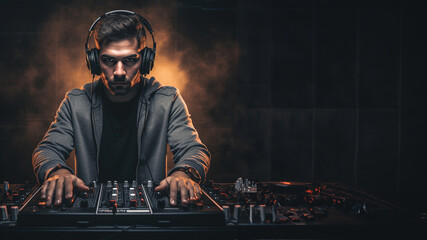 Portrait of a DJ with a console against a dark background with a place for the inscription