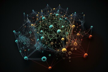A 3D visualization of a complex digital network. Generative AI