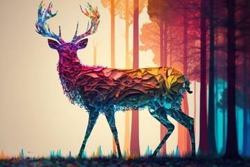 An array of keywords describing a deer in a colorful forest. Generative AI