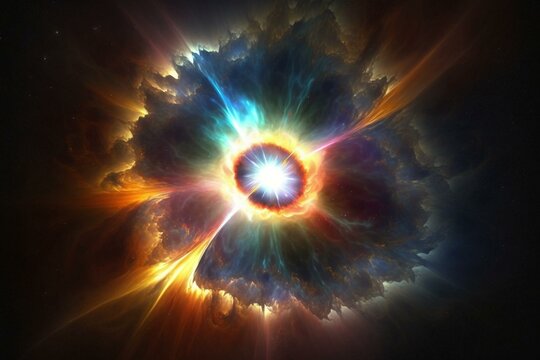 A vibrant quasar creates starburst explosions in a colorful galaxy, inspiring awe and wonder. Generative AI