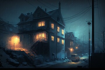 Eerie urban landscape at night. Cozy illuminated homes. Digital art. Generative AI