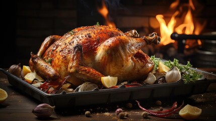 Naklejka premium roasted chicken and garlic topped with greens and lemon on a wooden table with blur background