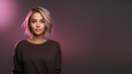 Portrait of a beautiful blond woman in pink light on a dark background. Place for an inscription