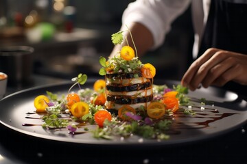 Photo of a chef carefully garnishing a beautifully plated dish created with Generative AI technology