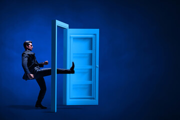 Business man kicking door 3d illustration