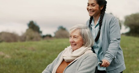Happy, senior woman and outdoor with caregiver, nurse or healthcare service for person with a disability and wheelchair. Face, smile and elderly lady in park with care or support in retirement - Powered by Adobe