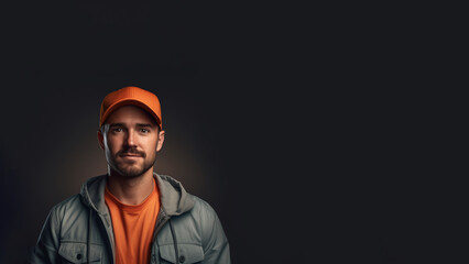 Fototapeta premium Portrait of a man in an orange peaked cap. He stands in the left part of the frame against a dark background. Place for an inscription