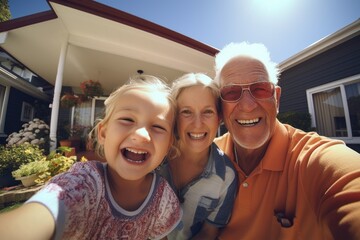 Obraz premium Grandfather and grandmother were happy to meet their granddaughter in front of their suburban home. Grandparents spend the weekend with the children.