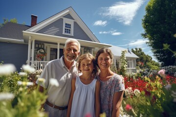 Grandfather and grandmother were happy to meet their granddaughter in front of their suburban home. Grandparents spend the weekend with the children.