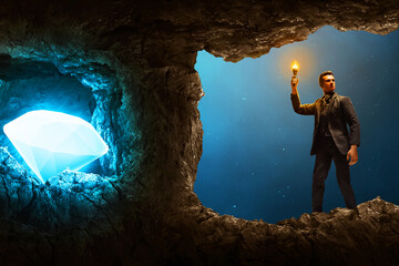 Business man walk with fire torch searching treasure at night 3d illustration - 629757446