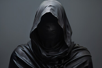 A hooded figure in black with a shadow - obrazy, fototapety, plakaty