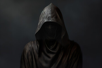 Obraz na płótnie Canvas A hooded figure in black with a shadow