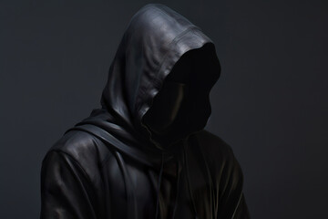 Fototapeta na wymiar A hooded figure in black with a shadow