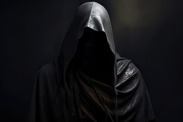 A hooded figure in black with a shadow