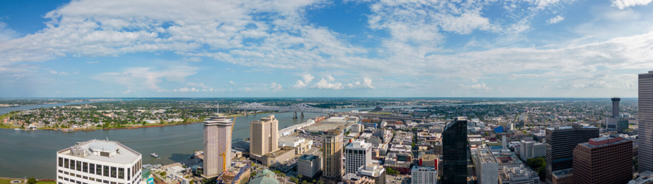 Aerial panorama Downtown New Orleans Mississippi River circa 2023