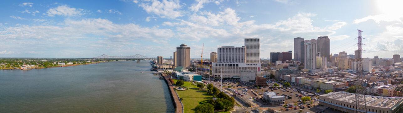 Aerial panorama Downtown New Orleans Mississippi River circa scene