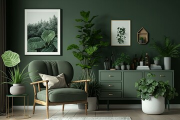 Modern living room with sage green wall, armchair, commode, mock-up poster, plants and unique decor. Generative AI