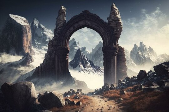 Ancient gateway with Eastern arch amid towering peaks. Generative AI