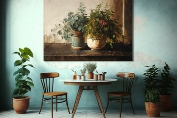 Painting on wall with table and potted plants. Generative AI