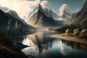 Stunning view of river and mountains. Generative AI