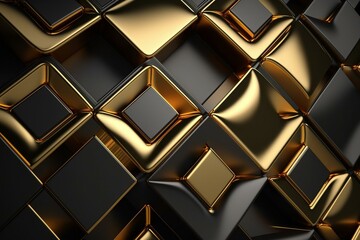 Opulent 3D wall with gilded square tiles. Polished tile wallpaper. Rendered. Generative AI