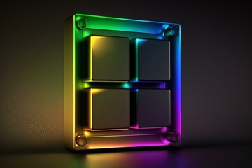 Simple tech design with square and rainbow light. Embossed shape on black 3D surface. 3D render. Generative AI