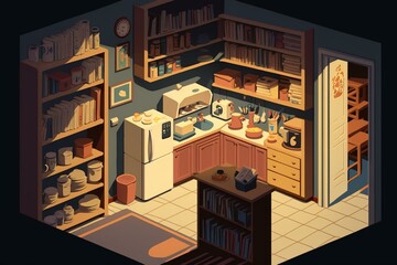 Illustration of a room with shelves to store items. Generative AI