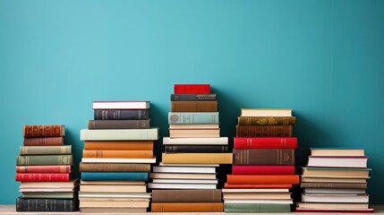 pile of books on minimalistic background or stock of books for world book day background