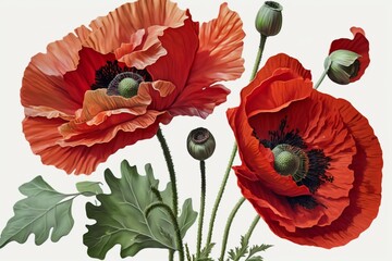 Detailed view of red poppies with transparent background. Generative AI