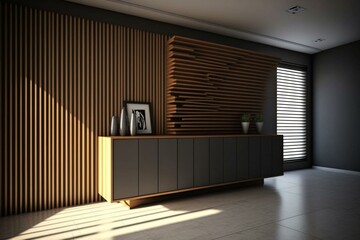 Sleek room with gray slat wall and wooden cabinet. 3D design. Generative AI