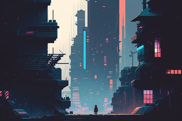 Pixel-style cyberpunk city illustration featuring futuristic technology. Generative AI