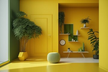 Bright yellow wall, sparsely furnished space adorned with lush greenery on the floor. Generative AI