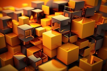 Glossy cubes of orange and yellow arranged into a modern tech wallpaper in 3D. Generative AI