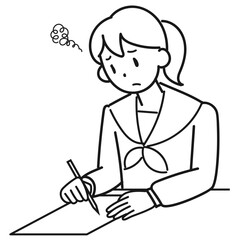 困った表情でテストを受ける女子高生のイラスト