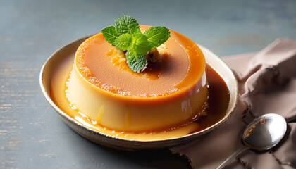 homemade caramel custard pudding with mint