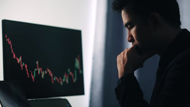 Businessman Stressful Anxiety Losing Trading Loss On Market Foreign Exchange Market, Digital Crypto Currency Exchange Market, Stock Market Using Computer Laptop Device.