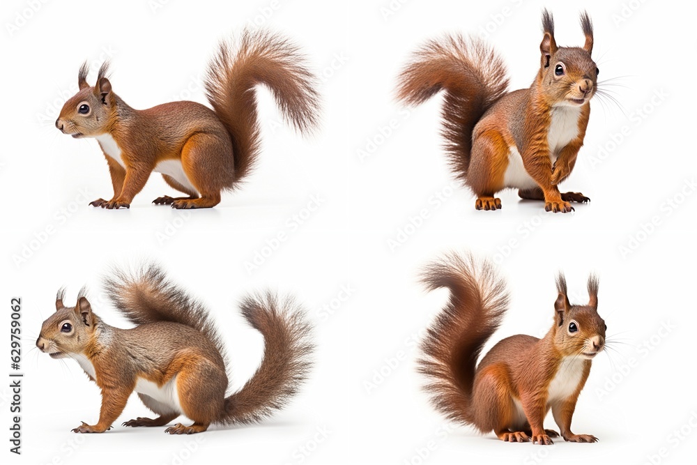 Poster set of squirrels isolated on white background.