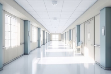 Long hospital bright corridor with rooms and seats, white walls