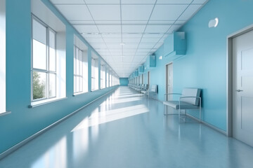 Long hospital bright corridor with rooms and seats