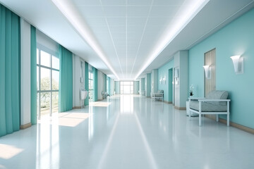 Naklejka na ściany i meble Long hospital bright corridor with rooms and seats