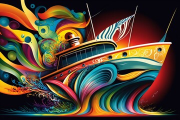 Vibrant boat with abstract designs on the sides. Generative AI